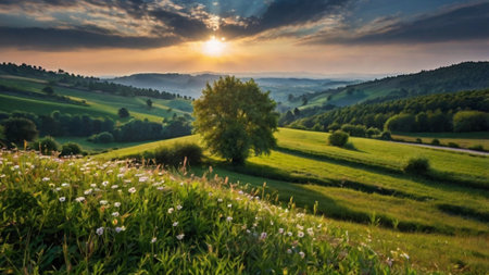 Panoramic view of the sunset over the fields and meadows in the countrysideの写真素材