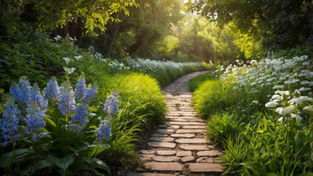 Pathway in the garden with blue flowers in a sunny day.の写真素材