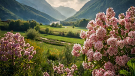 Pink flowers on the background of mountains and green meadows in summerの写真素材