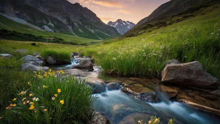 Mountain stream in the highlands of the Caucasus Mountains. Russiaの写真素材