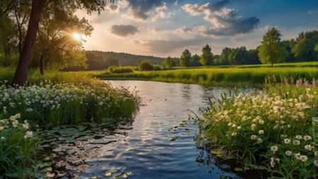 Beautiful sunset over the river. Spring landscape. Panorama.の写真素材