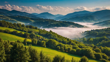 Morning fog in the Carpathian mountains. Ukraine, Europe.の写真素材