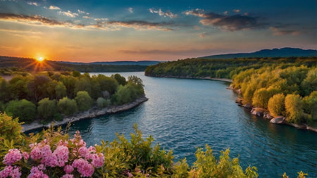Panoramic view of the Dniester river in Ukraine.の写真素材