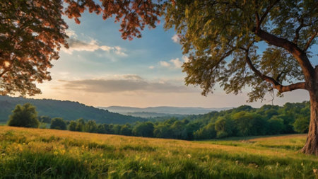 Beautiful summer landscape with meadow and trees in the evening.の写真素材