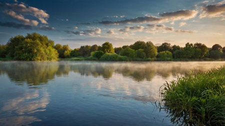 River landscape at sunset. Beautiful summer landscape with river and trees.の写真素材