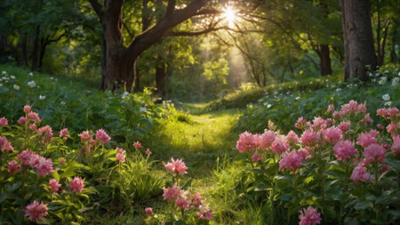 Beautiful spring landscape with blooming flowers in the forest at sunsetの写真素材