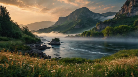 Foggy morning on the mountain river in the Caucasus mountains.の写真素材