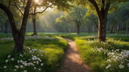 Sunset in the park with path and blooming white flowers.の写真素材