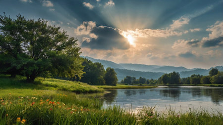 Beautiful summer landscape with river and mountains in the background at sunriseの写真素材