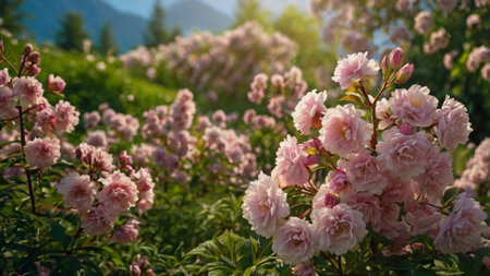 Rhododendron flowers on the background of mountains in the summerの写真素材