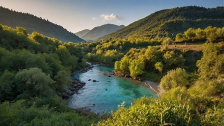 Panoramic view of the turquoise river in the mountainsの写真素材