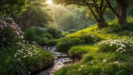 Beautiful summer landscape with a small river flowing through the forest.の写真素材