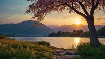 Cherry blossoms on the bank of a lake at sunset.の写真素材