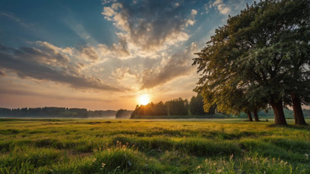 Sunset over a meadow in summer with trees and clouds in the skyの写真素材