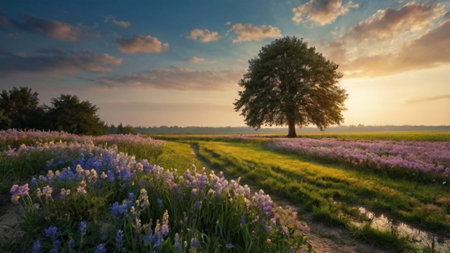 Sunset over a field with hyacinths and a treeの写真素材