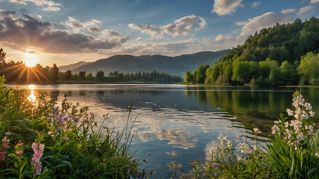 Sunset on the lake in the Carpathian Mountains, Ukraineの写真素材