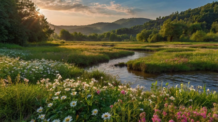 Panoramic view of the river and meadow with wildflowers at sunsetの写真素材