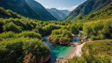 Aerial view of the beautiful mountain river in the Caucasus mountains.の写真素材