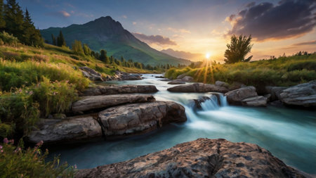 mountain river at sunset. beautiful summer landscape in the Altai mountainsの写真素材