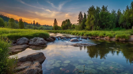 Beautiful summer landscape with a river and waterfalls at sunset.の写真素材