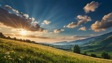Sunset in Tuscany, Italy. Landscape with green meadow and mountainsの写真素材