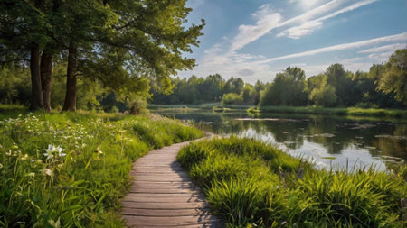 Wooden path on the river bank and green grass in summer.の写真素材