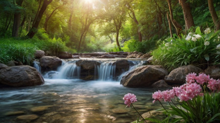 Beautiful waterfall in the forest with green grass and pink flowers.の写真素材