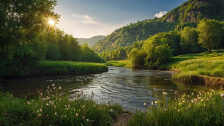 Beautiful summer landscape with the river and mountains in the background.の写真素材