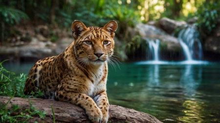 Leopard sitting on a log near a waterfall in the rainforestの写真素材
