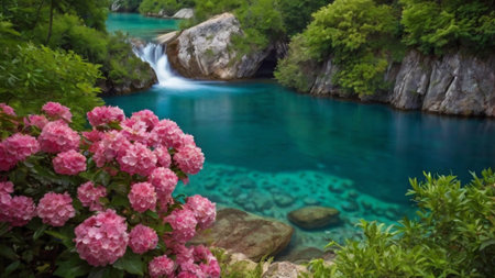 Beautiful azalea flowers on the background of a waterfall.の写真素材