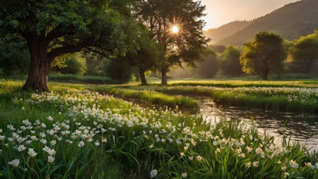Sunset over a small river with white daffodils.の写真素材