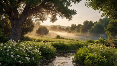Beautiful summer landscape with a small river and green trees in the morningの写真素材