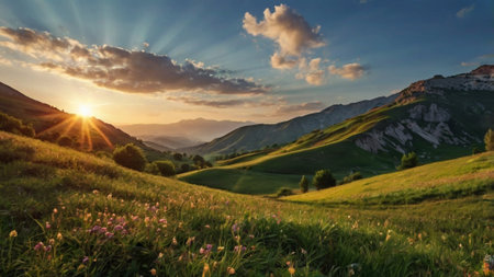 Sunset in the mountains. Summer landscape with green grass and flowersの写真素材