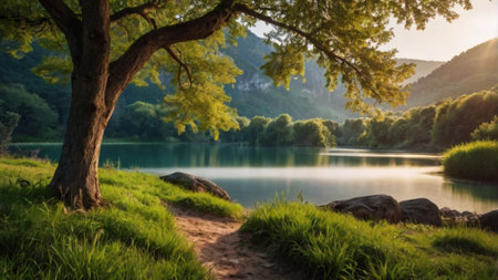 Beautiful lake in the mountains at sunset. Landscape with a lake and treesの写真素材