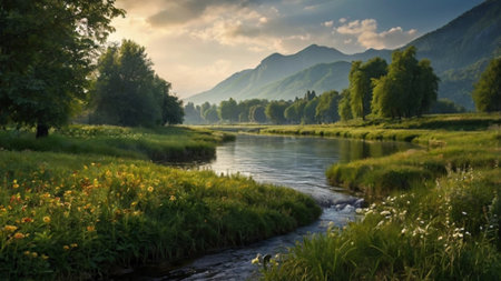 Beautiful summer landscape with river, mountains and clouds in the skyの写真素材