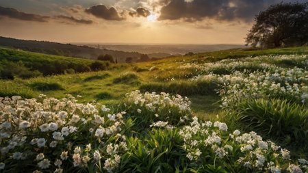 Sunset in the English countryside, with lots of white flowers.の写真素材