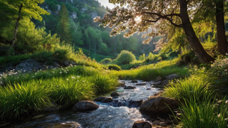 Mountain river in the morning light. Beautiful summer landscape with a mountain river.の写真素材