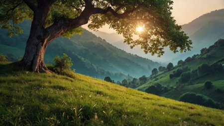 Beautiful summer landscape with a big tree on the hillside.の写真素材