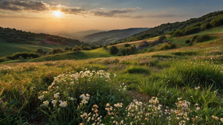 Sunset in Tuscany, Italy. Beautiful panoramic view of hills and meadowsの写真素材