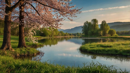 Cherry blossoms on the bank of a river in the springの写真素材