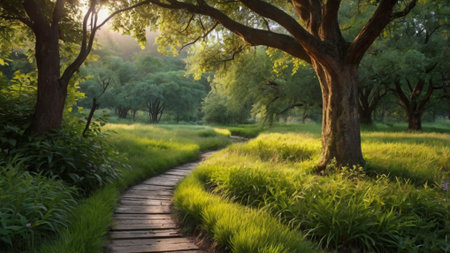 Sunset in the park. Beautiful landscape with trees, grass and pathの写真素材