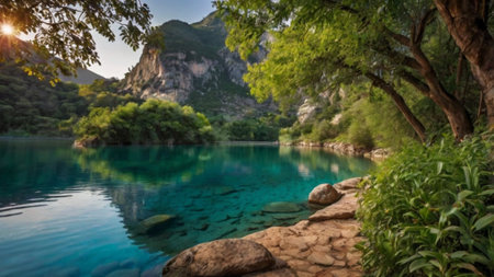 Panoramic view of turquoise lake in the mountains.の写真素材