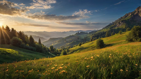 Fantastic sunset in the mountains. Dramatic scene. Carpathian, Ukraine, Europe. Beauty world.の写真素材