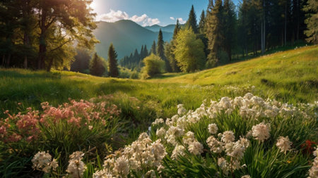 Landscape with meadow and flowers in the Carpathian mountainsの写真素材