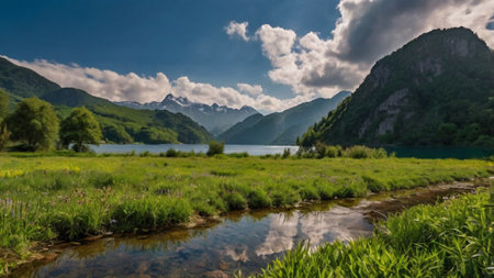 Panorama of the alpine lake in the mountains under a cloudy skyの写真素材