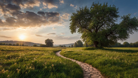 Beautiful summer landscape with a road and a large tree at sunsetの写真素材