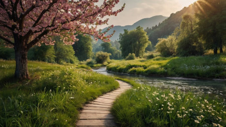 Beautiful spring landscape with blooming sakura flowers on the banks of the riverの写真素材