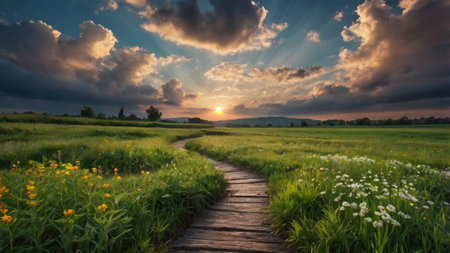 Sunset over a meadow with wildflowers and a pathの写真素材
