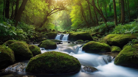Mossy rocks and stream in green forest with sunlight in summerの写真素材