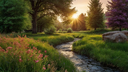 Sunset in the park with a small stream. Summer landscape.の写真素材